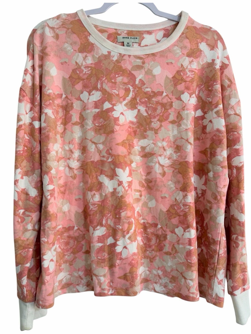 Anne Klein Oversized Pink Floral Long-Sleeve Lightweight Sweater